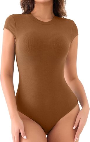MISSJOY Women Crew Neck Short Sleeve Ribbed Stretchy Casual Slim Fit Bodysuit T Shirts Tops in Saudi Arabia