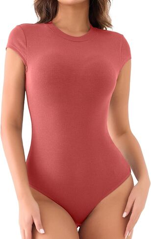 MISSJOY Women Crew Neck Short Sleeve Ribbed Stretchy Casual Slim Fit Bodysuit T Shirts Tops in Kuwait