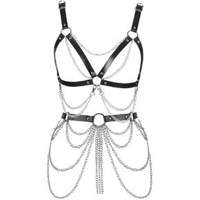 Women Punk Leather Harness Waist Body Belt Metal Chain Tassel Lingerie Set Garter Belt Festival Dance Rave (Black K)