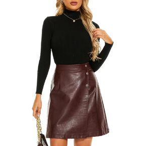 Ginasy Faux Leather Skirts for Women A Line Wrap Mini Skirt High Waisted Pleather Skirt Business Casual Work Skirt