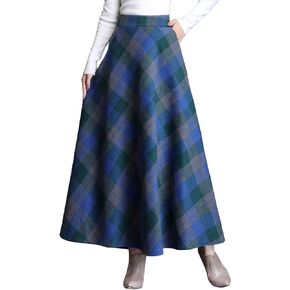 ebossy Women's Vintage High Waist Wool Blend Plaid A-Line Long Maxi Skirt with Pocket
