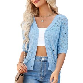 GRACE KARIN Women's Summer Short Sleeve Cropped Cardigan Sweaters Crochet Knit Shrug Open Front V-Neck Button up Tops