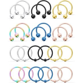 Hoeudjo 24PCS 14G 16G 20G Surgical Steel Horseshoe Captive Bead Nose Septum Hoop Rings Eyebrow Lip Ear Tragus Cartilage Nipple Piercing Jewelry for Women Men 8mm 10mm 12mm 14mm 16mm
