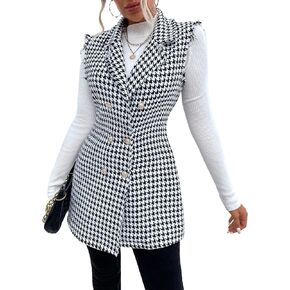 WDIRARA Women's Houndstooth Print Sleeveless Lapel Raw Trim Button Front Long Vest Jacket