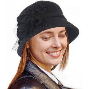 Ruphedy Women Wool Felt Bucket Hat Winter Church Dress Cloche Hats 1920s 50s