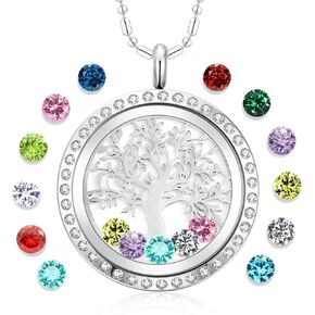 Family Tree of Life Floating Charm Locket Necklace for Women with Birthstones Living Memory Pendant DIY Stainless Steel Jewelry Mothers Gifts