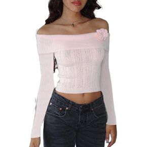 Women Off Shoulder Top Y2K Long Sleeve Lace Trim Knit Shirt Fashion Cute Solid Pullover Sweater