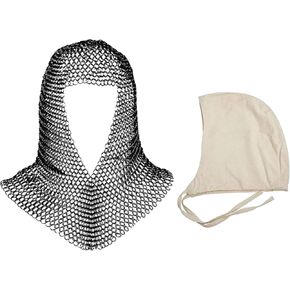 Mythrojan Chainmail Coif مع قبعة من قماش القطن | غطاء محرك السيارة البريدي من العصور الوسطى درع الفايكنج LARP مقاس 16 باللون الفضي والقرون الوسطى مقاس متوسط ​​قبعة قماشية خفيفة ناعمة وقوية 100% من القطن زي القرون الوسطى in Kuwait