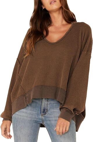 Dokotoo Womens Oversized Waffle Knit Sweatshirts V Neck Long Sleeve Side Slits Casual Pullover Sweatshirt Tops in Saudi Arabia