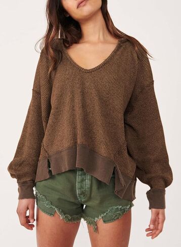 Dokotoo Womens Oversized Waffle Knit Sweatshirts V Neck Long Sleeve Side Slits Casual Pullover Sweatshirt Tops in Saudi Arabia