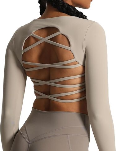 تيشيرت قصير بأكمام طويلة من Aoxjox للنساء بفتحة أمامية من الدانتيل للتمارين الرياضية متقاطعة in Kuwait