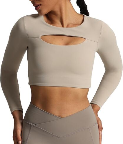 تيشيرت قصير بأكمام طويلة من Aoxjox للنساء بفتحة أمامية من الدانتيل للتمارين الرياضية متقاطعة in Kuwait