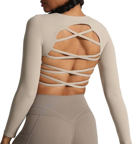 تيشيرت قصير بأكمام طويلة من Aoxjox للنساء بفتحة أمامية من الدانتيل للتمارين الرياضية متقاطعة in Kuwait