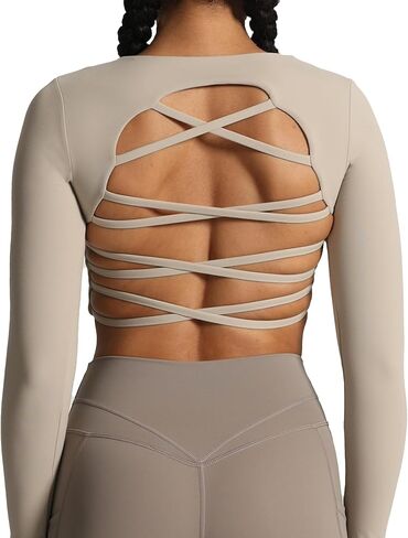 تيشيرت قصير بأكمام طويلة من Aoxjox للنساء بفتحة أمامية من الدانتيل للتمارين الرياضية متقاطعة in Kuwait