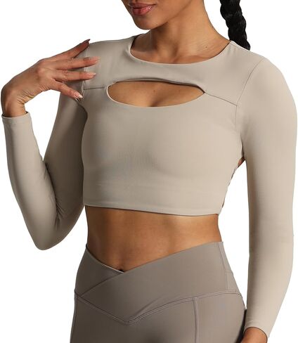 تيشيرت قصير بأكمام طويلة من Aoxjox للنساء بفتحة أمامية من الدانتيل للتمارين الرياضية متقاطعة in Kuwait