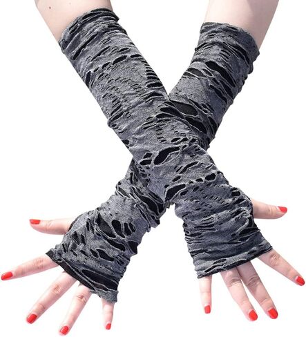 DINPREY Skeleteen Punk Ripped Arm Warmers - Fingerless Long Sleeve Knitted Warmer Gloves Goth Accessories for Men and Women in Saudi Arabia