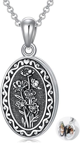 Birth Flower Photo Locket Necklace 925 Sterling Silver 12 Month Locket Necklace with Picture Birth Flower Photo Jewelry Gifts for Women Mother Mom Daughter in Saudi Arabia