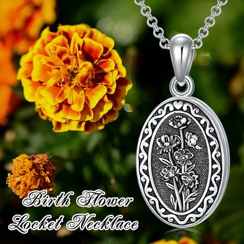 Birth Flower Photo Locket Necklace 925 Sterling Silver 12 Month Locket Necklace with Picture Birth Flower Photo Jewelry Gifts for Women Mother Mom Daughter in Saudi Arabia