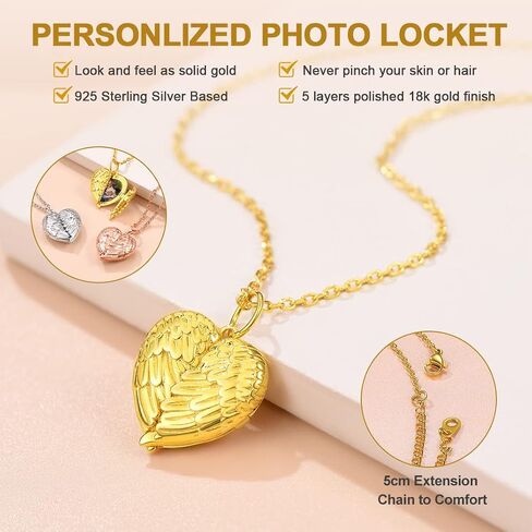 قلادة GOLDCHIC JEWELRY من الفضة الإسترلينية عيار 925 على شكل قلب تحمل صورًا للنساء والفتيات، حجر الميلاد/شجرة الحياة/زوجين قبلة/قلادة جناح الملاك مع سلسلة قابلة للتعديل مقاس 45.72 سم + 5.08 سم، مع صندوق هدايا in Kuwait
