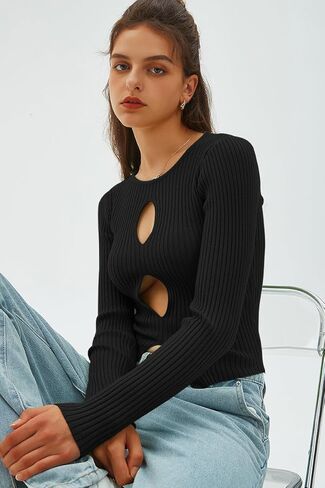 CHYRII Womens Sexy Fall Fashion Cutout Tops Ribbed Knit Winter Pullover Sweater Going Out Crop Tops in Saudi Arabia