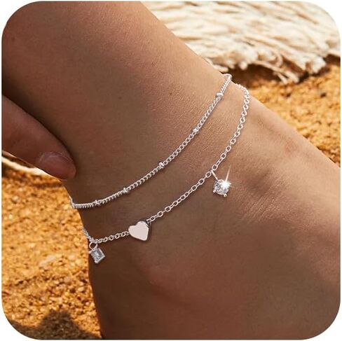 Picuzzy Silver Anklets for Women, Waterproof Sterling Silver Layer Anklet Dainty Beach Bling Ankle Bracelets for Women Fashion Summer Foot Jewelry Gift for Women Teen Girls in Saudi Arabia