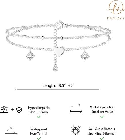Picuzzy Silver Anklets for Women, Waterproof Sterling Silver Layer Anklet Dainty Beach Bling Ankle Bracelets for Women Fashion Summer Foot Jewelry Gift for Women Teen Girls in Saudi Arabia