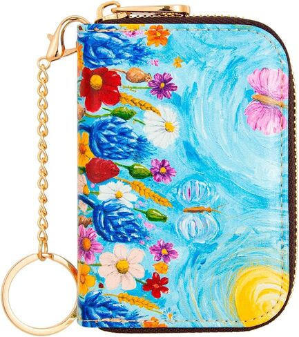 Credit Card Holder, RFID Blocking Wallet for Women Small Slim Leather Wallets with Keychain Zipper Business Cards Case (A Pink Romantic Flowers) in Saudi Arabia