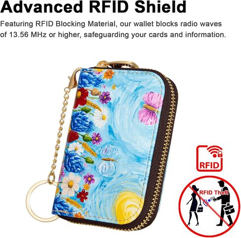 Credit Card Holder, RFID Blocking Wallet for Women Small Slim Leather Wallets with Keychain Zipper Business Cards Case (A Pink Romantic Flowers) in Saudi Arabia