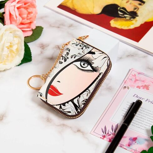 Credit Card Holder, RFID Blocking Wallet for Women Small Slim Leather Wallets with Keychain Zipper Business Cards Case (A Pink Romantic Flowers) in Kuwait