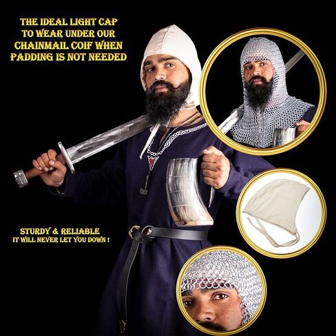 Mythrojan Chainmail Coif مع قبعة من قماش القطن | غطاء محرك السيارة البريدي من العصور الوسطى درع الفايكنج LARP مقاس 16 باللون الفضي والقرون الوسطى مقاس متوسط ​​قبعة قماشية خفيفة ناعمة وقوية 100% من القطن زي القرون الوسطى in Kuwait