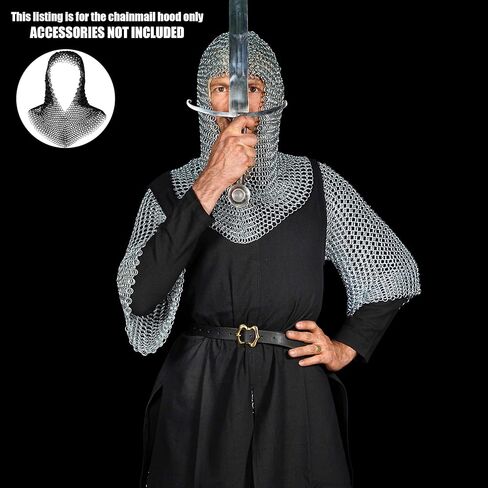 Mythrojan Chainmail Coif مع قبعة من قماش القطن | غطاء محرك السيارة البريدي من العصور الوسطى درع الفايكنج LARP مقاس 16 باللون الفضي والقرون الوسطى مقاس متوسط ​​قبعة قماشية خفيفة ناعمة وقوية 100% من القطن زي القرون الوسطى in Kuwait