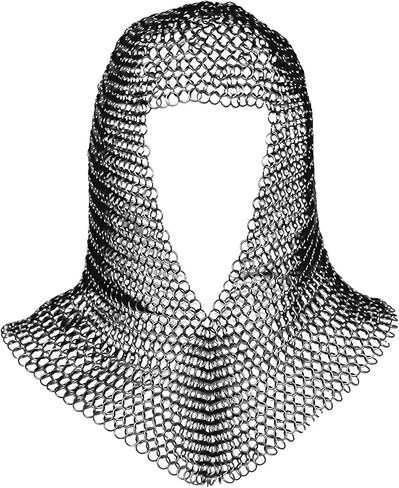 Mythrojan Chainmail Coif مع قبعة من قماش القطن | غطاء محرك السيارة البريدي من العصور الوسطى درع الفايكنج LARP مقاس 16 باللون الفضي والقرون الوسطى مقاس متوسط ​​قبعة قماشية خفيفة ناعمة وقوية 100% من القطن زي القرون الوسطى in Kuwait