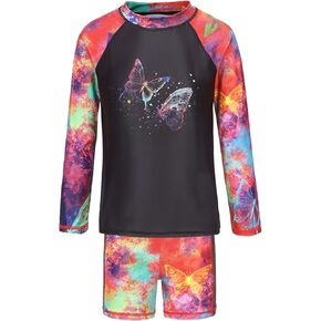 Girls Two Piece Rash Guard Swimsuits Set with Swim Trunk Kids Long Sleeve Bathing Suit Swimwear Set