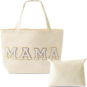 B1ykin 2Pcs Chenille Letter Patches Canvas Tote Bag with Zipper Pocket, Travel Handbag Zipper Pouch Gifts for Women Girls