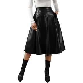 SweatyRocks Women's Faux Leather High Waist Pleated Flare Midi Skirt with Pocket
