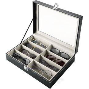 FLKQC 8 Slot Eyeglass Sunglass Storage Box | PU Leather Glasses Case for Women Men | 8 Piece Eyeglasses Storage and Sunglass Glasses Display Drawer Lockable Case Organizer,Black in Kuwait