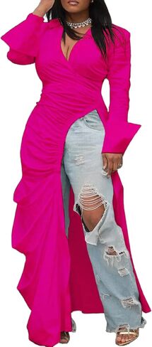 Women's Casual Long Sleeve Ruched Bodycon Shirt Dress High Low Hem Front Split Tunic Blouse Top in Saudi Arabia
