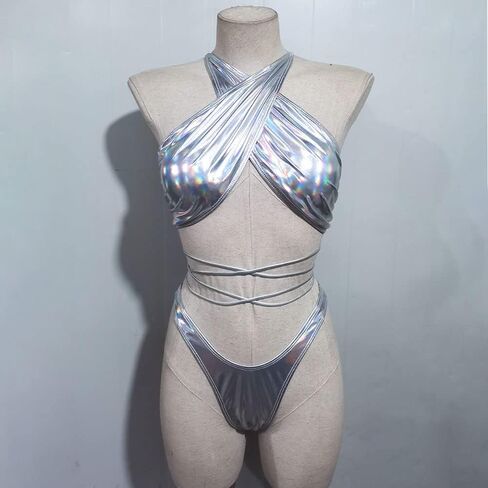 مجموعة بيكيني هالتر بأشرطة ثلاثية الأبعاد لامعة من النيون مع قمة مثلثة ملفوفة in Kuwait