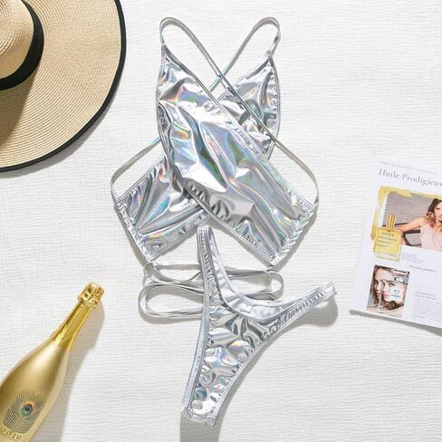 مجموعة بيكيني هالتر بأشرطة ثلاثية الأبعاد لامعة من النيون مع قمة مثلثة ملفوفة in Kuwait