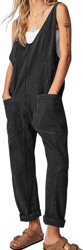 EXLURA Womens High Roller Denim Bib Jumpsuits Casual Loose Sleeveless Baggy Overalls Jeans Pants Jumpers with Pockets in Saudi Arabia