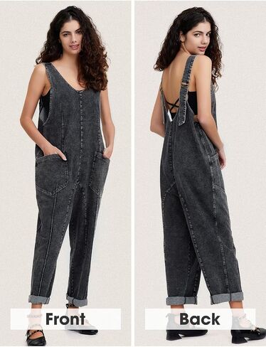 EXLURA Womens High Roller Denim Bib Jumpsuits Casual Loose Sleeveless Baggy Overalls Jeans Pants Jumpers with Pockets in Saudi Arabia