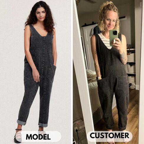 EXLURA Womens High Roller Denim Bib Jumpsuits Casual Loose Sleeveless Baggy Overalls Jeans Pants Jumpers with Pockets in Saudi Arabia