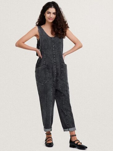 EXLURA Womens High Roller Denim Bib Jumpsuits Casual Loose Sleeveless Baggy Overalls Jeans Pants Jumpers with Pockets in Saudi Arabia