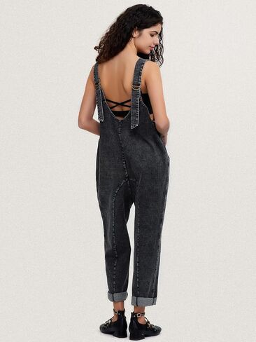 EXLURA Womens High Roller Denim Bib Jumpsuits Casual Loose Sleeveless Baggy Overalls Jeans Pants Jumpers with Pockets in Saudi Arabia