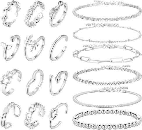 LOAYHOAY 18 قطعة الخلخال خاتم اصبع القدم للنساء الفتيات حجر الراين أساور الكاحل زهرة ورقة القلب مفتوح قابل للتعديل خواتم اصبع القدم الشاطئ مجوهرات القدم in Kuwait