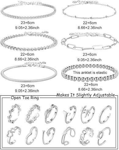 LOAYHOAY 18 قطعة الخلخال خاتم اصبع القدم للنساء الفتيات حجر الراين أساور الكاحل زهرة ورقة القلب مفتوح قابل للتعديل خواتم اصبع القدم الشاطئ مجوهرات القدم in Kuwait