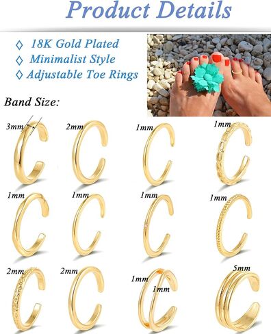 Tornito 12Pcs 18K Gold Filled Toe Rings Minimalist Thin Wire Cubic Zirconia Summer Beach Toe Rings Open Adjustable Foot Jewelry for Women Silver Gold Tone in Saudi Arabia