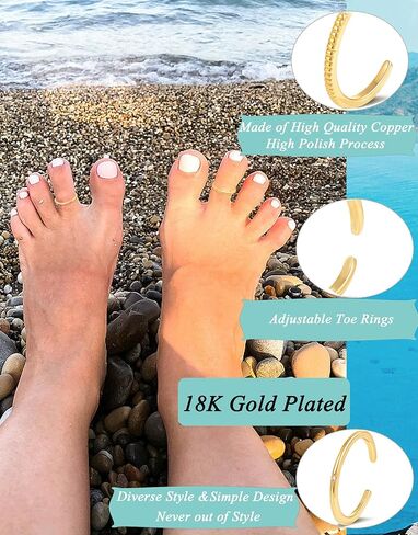 Tornito 12Pcs 18K Gold Filled Toe Rings Minimalist Thin Wire Cubic Zirconia Summer Beach Toe Rings Open Adjustable Foot Jewelry for Women Silver Gold Tone in Saudi Arabia
