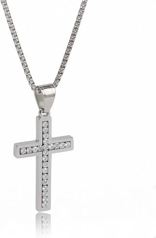 VI-FA Men's Cross Necklace Stainless Steel Jewelry Necklace with Cubic Zirconia Women Diamond Cross Crucifix Pendant with 22 Inches Box Chain in Kuwait