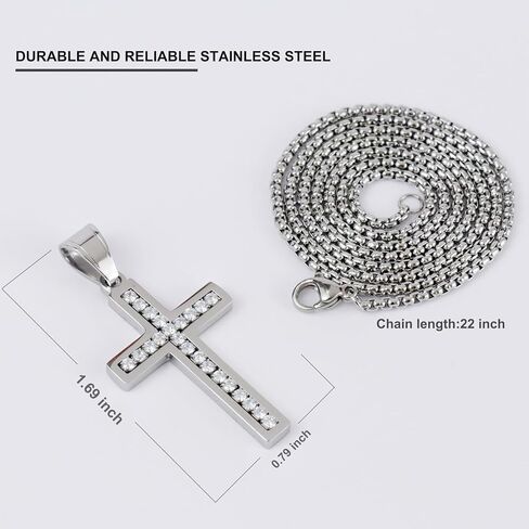 VI-FA Men's Cross Necklace Stainless Steel Jewelry Necklace with Cubic Zirconia Women Diamond Cross Crucifix Pendant with 22 Inches Box Chain in Kuwait